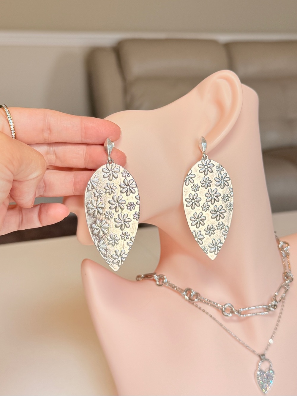Silver Floral Teardrop Dangle Earrings - Picture 8 of 12